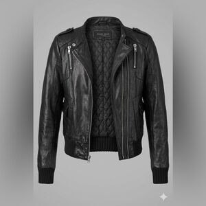 Black Rivet Genuine Leather Moto Jacket / Black Zippered Biker Jacket Size L